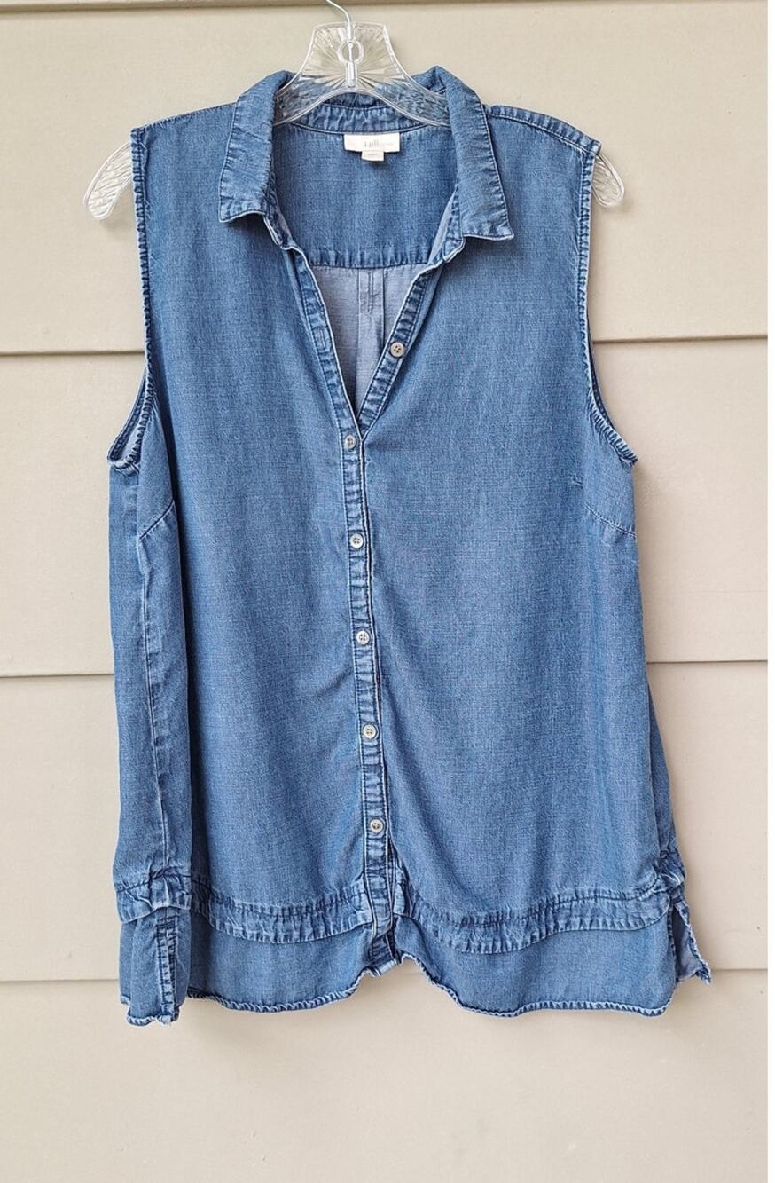 J. Jill Denim Sleeveless Jean Chambray Tunic Shirt Top Blue Tencel Linen Size L